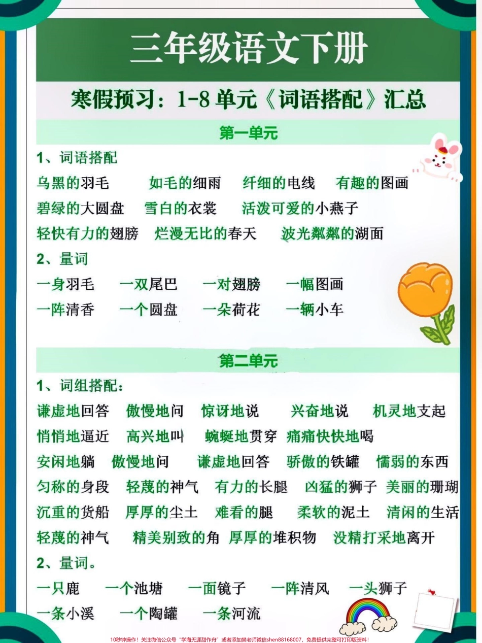 三年级下册语文1-8单元词语汇总大全宝妈们收藏打印吧#三年级语文 #教育 #小学语文 #学习 #每天学习一点点.pdf_第1页