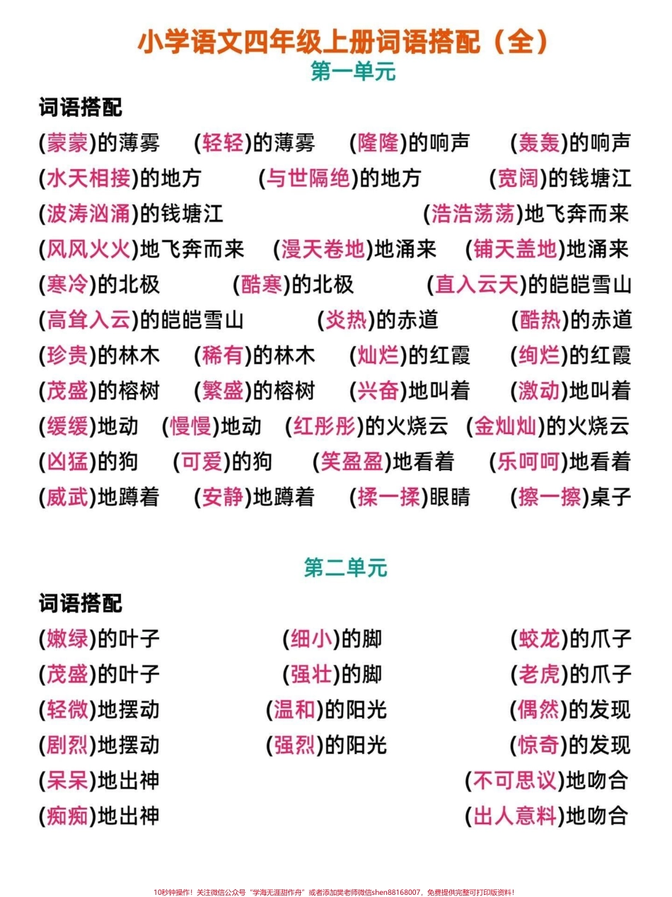 小学语文四年级上册全单元怎么搭配合适词语小学语文四年级上册1-8单元组词语搭配词语1-8单元高频词汇单词家长收藏起来给孩子学习有电子版可打印#小学四年级 #搭配词语 #四年级语文 #四年级上册语文 #语文考点.pdf_第1页