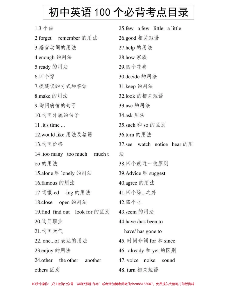 初中英语100个必背考点内容有点多每天看一遍坚持两个月就可以记住了背熟这些知识你的英语成绩一定可以提升很多拜托一定要背熟#英语 #初中英语 #知识点总结 #图文伙伴计划 #抖音图文来了.pdf_第1页