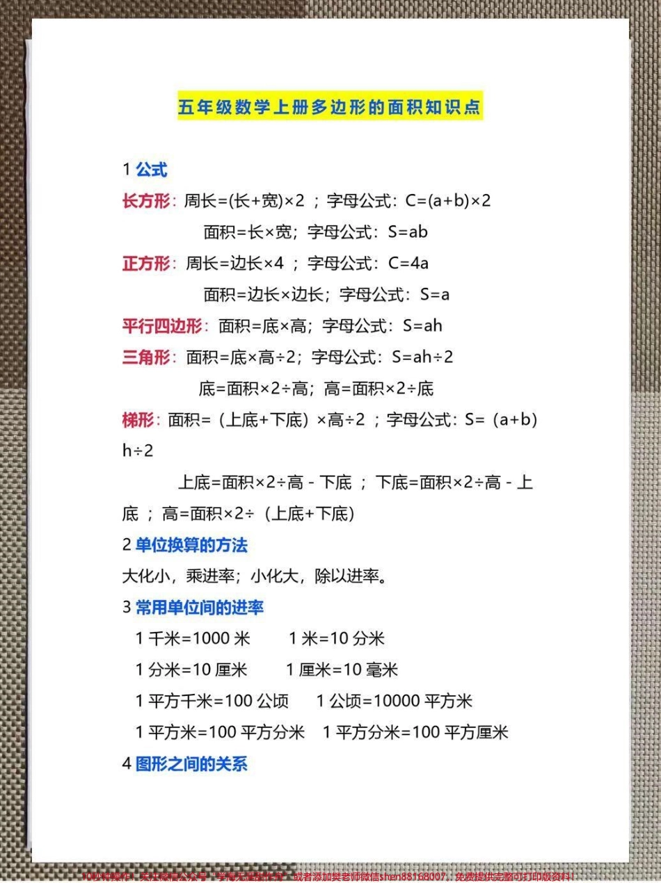 小学五年级上册多边形的面积知识点整理了一份小学五年级上册多边形的面积知识点和习题有完整电子版需要的家长可以打印下来给孩子学习#五年级数学 #学霸秘籍 #知识点总结 #电子版可打印 #小学数学.pdf_第1页