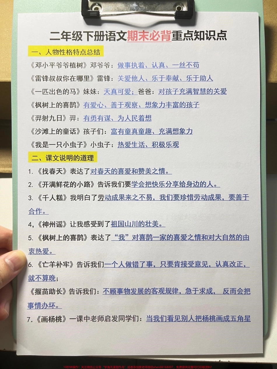 二年级下册语文全册重点总结共15页可打印这份资料涵盖了二年级下册语文的重点、难点和考点是家长给孩子复习期末考试的好帮手建议家长打印出来让孩子认真练习相信一定会有很好的收获#二年级语文下册 #二年级 #知识点总结 #必考考点 #二年级语文期末考点.pdf_第2页