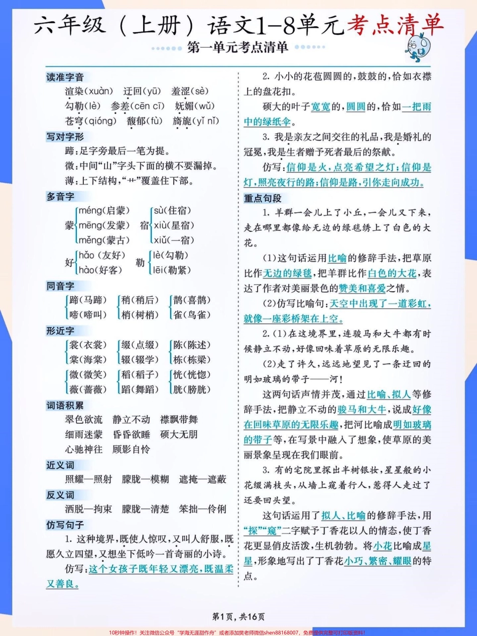 六年级语文上册1-8单元考点清单#关注我持续更新小学知识 #知识点总结 #六年级 #小学语文必考知识点盘点 #必考考点 @抖音小助手 @抖音创作者中心 @抖音热点宝 @抖音来客官方助推官.pdf_第1页