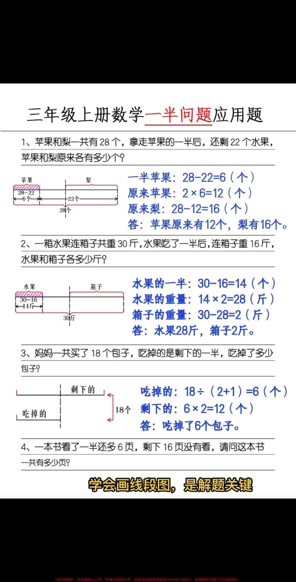 三年级上册数学一半问题应用题专项三年级上册数学一半问题应用题练习学会画线段图是解题的关键把这里的11道题学明白了三年级的一半问题就基本掌握了家长给孩子收藏起来让孩子练习一下一定要掌握画线段图#三年级上册数学 #应用题 #学霸秘籍 #必考考点 #三年级数学重点难点.pdf_第1页