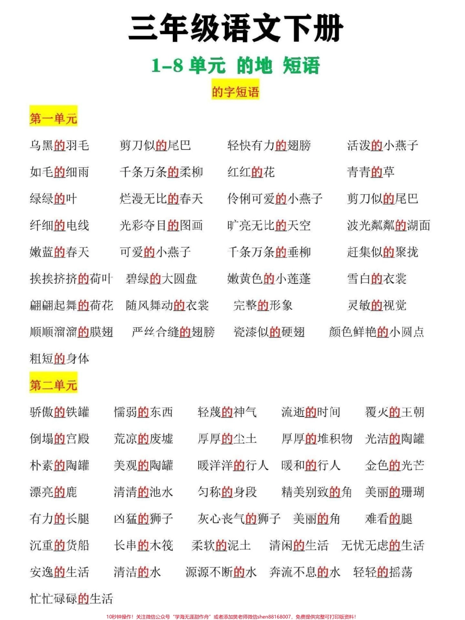 三年级下册语文的地短语梳理汇总的地得是小学语文学习重点的地得不分家长替孩子收藏打印一份吧#三年级语文 #家长收藏孩子受益 #三年级 #小学语文 #三年级语文下册.pdf_第1页