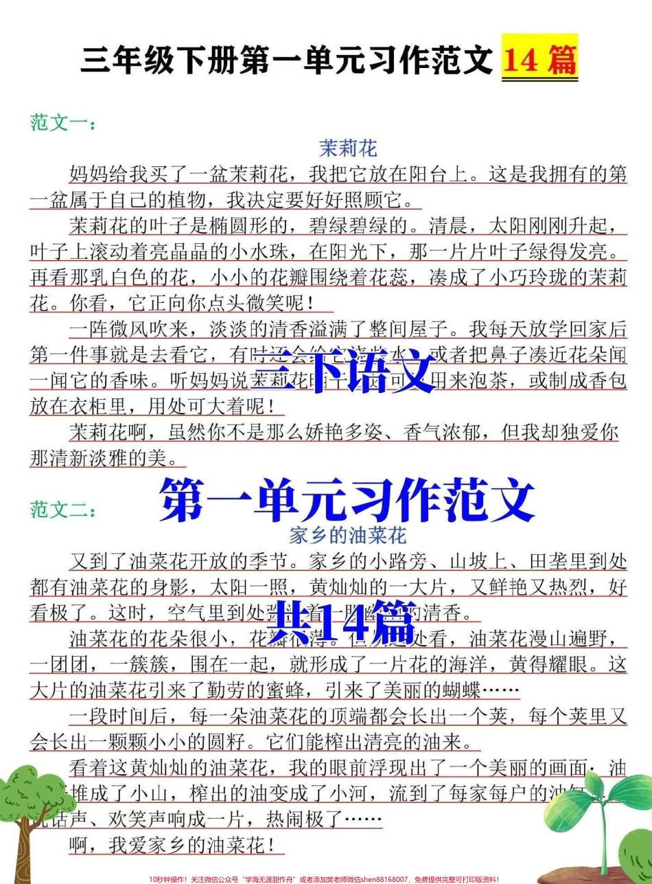 三年级语文下册第一单元习作范文《我的植物朋友》高分范文14篇家长打印一份给孩子读一读#三年级 #三年级语文 #小学生作文 #三年级作文 #小学作文.pdf_第1页