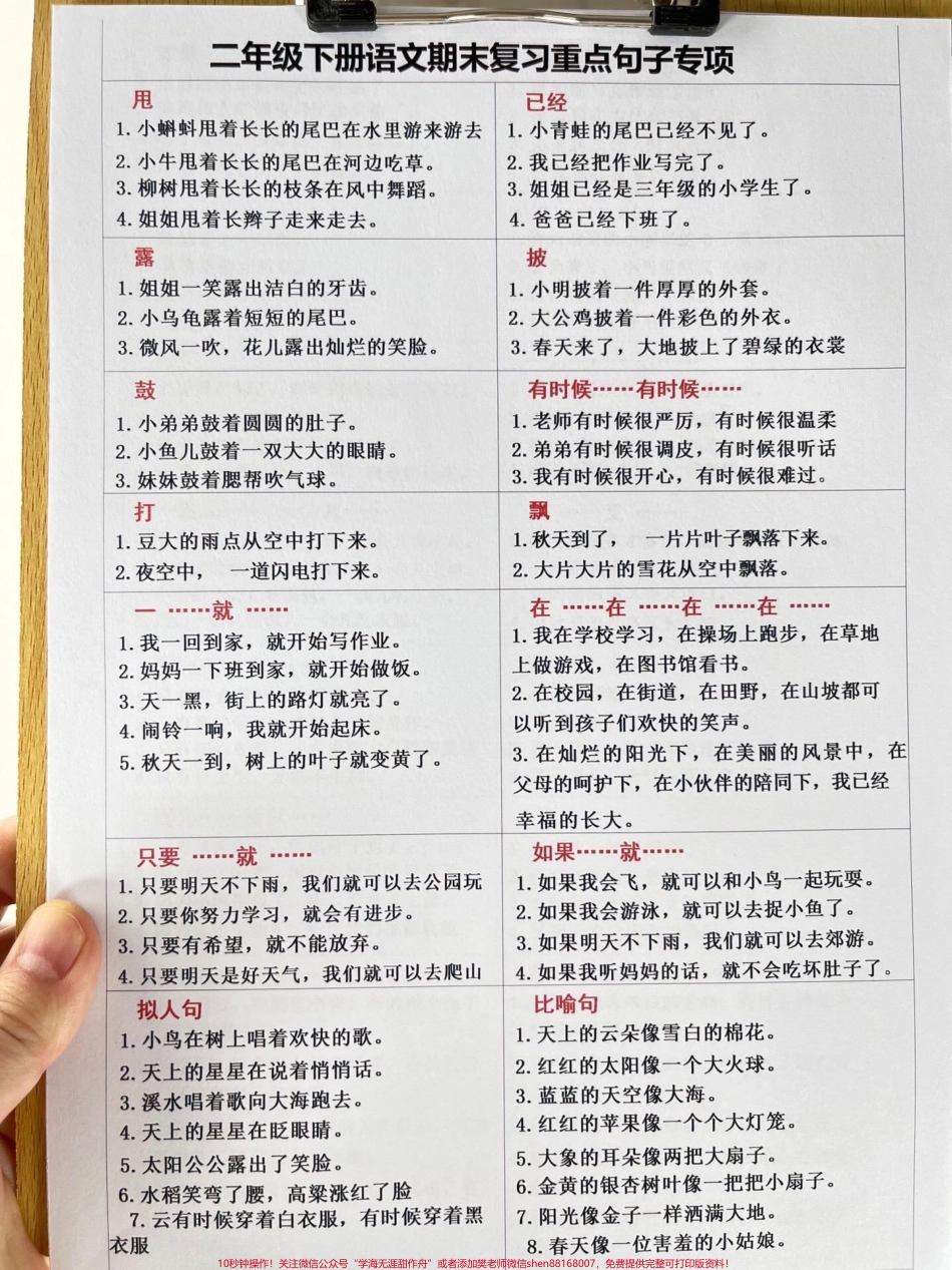 二年级语文下册的句子专项非常重要熟练掌握句子是至关重要的！要多练、多记！这份资料包括仿写句子、关联词运用、句子改写、缩写句子、连词成句、把字句变成字句、选词填空、标点符号运用和修辞手法等内容老师精心整理建议家长打印出来给孩子学一学！#学习资料分享 #二年级语文下册 #期末复习 #知识点总结 #写作技巧.pdf_第2页
