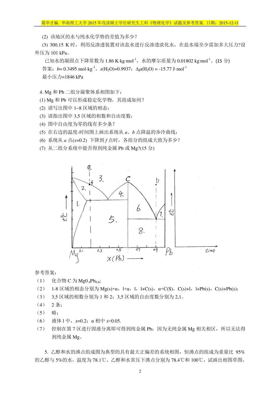 2015 年攻读硕士学位研究生工科《物理化学》试题及参考答案.pdf_第2页