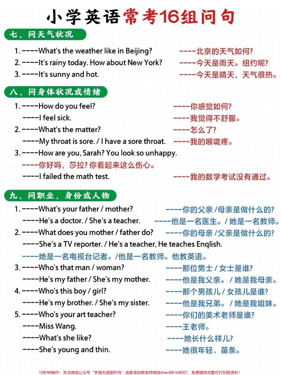 小学英语常考的16个问句～可以下载打印给孩子熟悉#英语 #小学英语.pdf_第3页