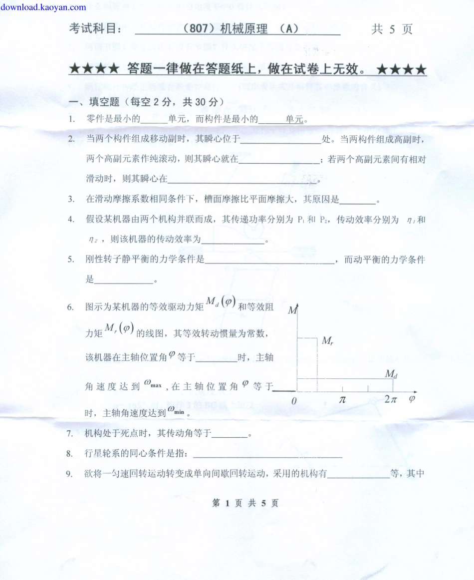 2010年浙江工业大学807机械原理考研试题.pdf_第1页