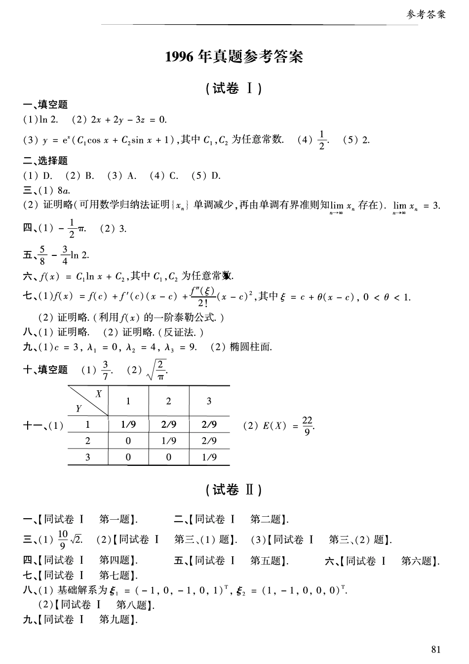 1996年考研数学一真题答案速查【公众号“不易学长”持续更新中】.pdf_第1页