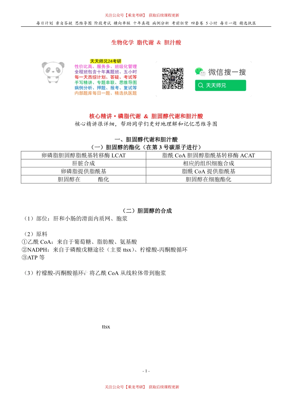 填空式讲义：生化 磷脂代谢 & 胆固醇代谢和胆汁酸 核心-导图-真题-串联 天天师兄24考研 冲.pdf_第1页