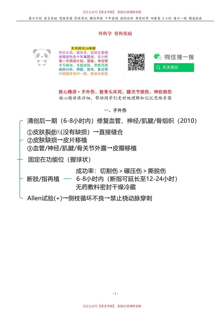 填空式讲义：外科 手外伤、股骨头坏死、膝关节损伤、神经损伤 核心-导图-真题-串联 天天师兄24考研 冲.pdf_第1页