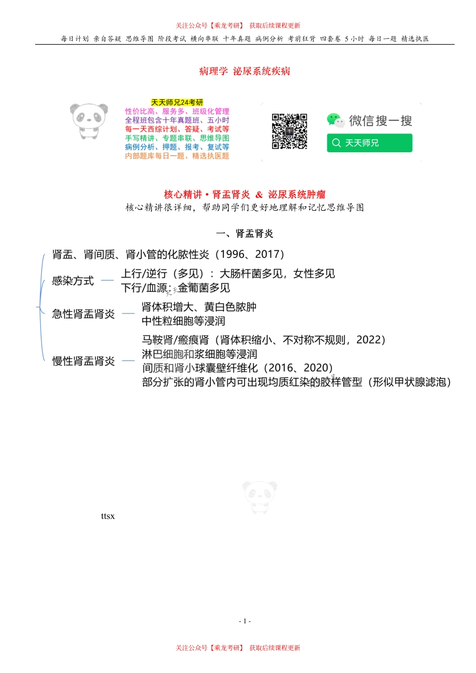 填空式讲义：病理 肾盂肾炎 & 泌尿系统肿瘤 核心-导图-真题-串联 天天师兄24考研 冲.pdf_第1页