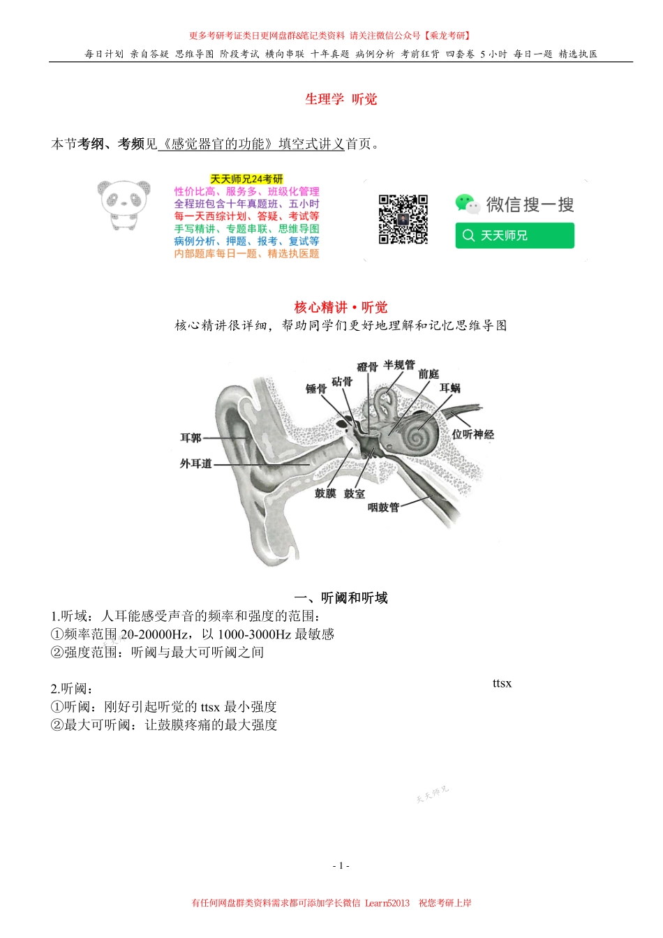 填空式讲义：生理 听觉 核心-导图-真题-串联 天天师兄24考研 冲.pdf_第1页