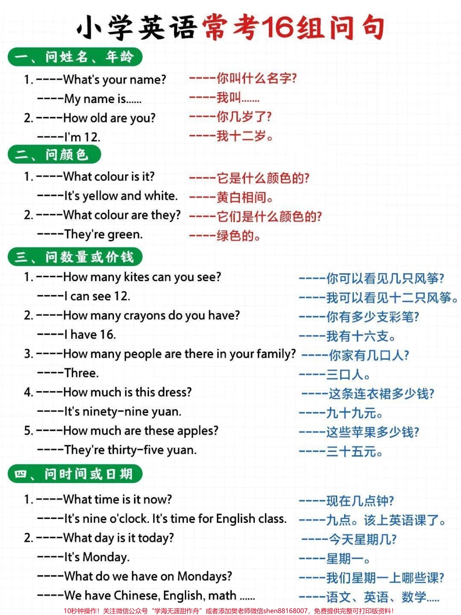 小学英语常考的16个问句～可以下载打印给孩子熟悉#英语 #小学英语.pdf_第1页