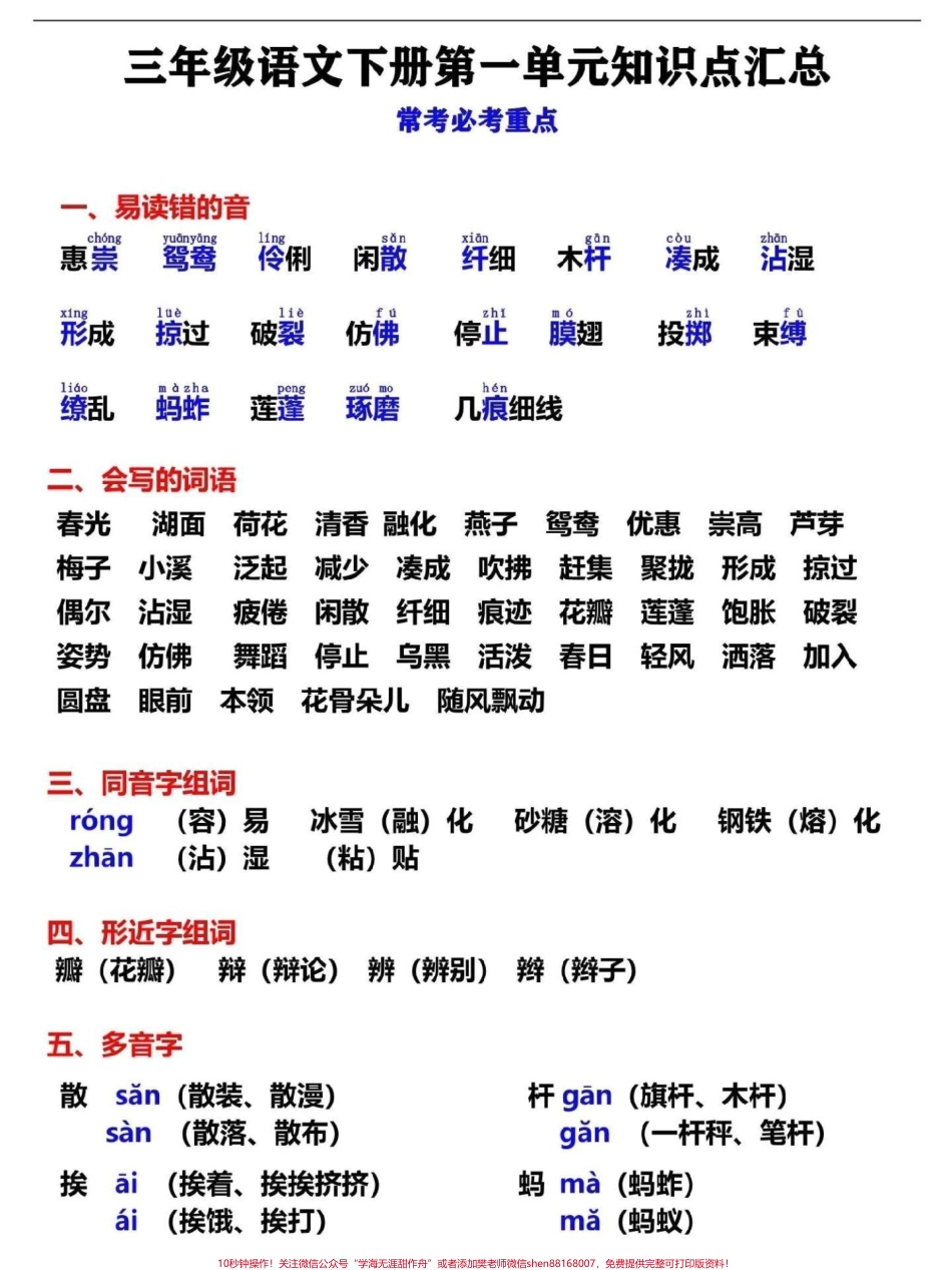 三年级下册语文第一单元必考常考知识点归纳总结#小学语文 #三年级语文 #教育 #学习 #语文.pdf_第1页