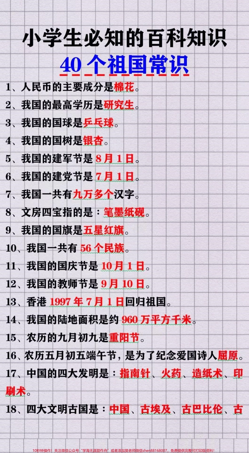 小学生必知的百科知识40个祖国常识#每天学习一点点 #教育 #小学语文资料分享.pdf_第1页