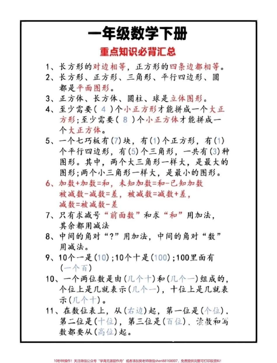 一年级下册数学重点必背知识点#教育 #每天学习一点点 #学习 #小学数学 #知识点总结.pdf_第1页