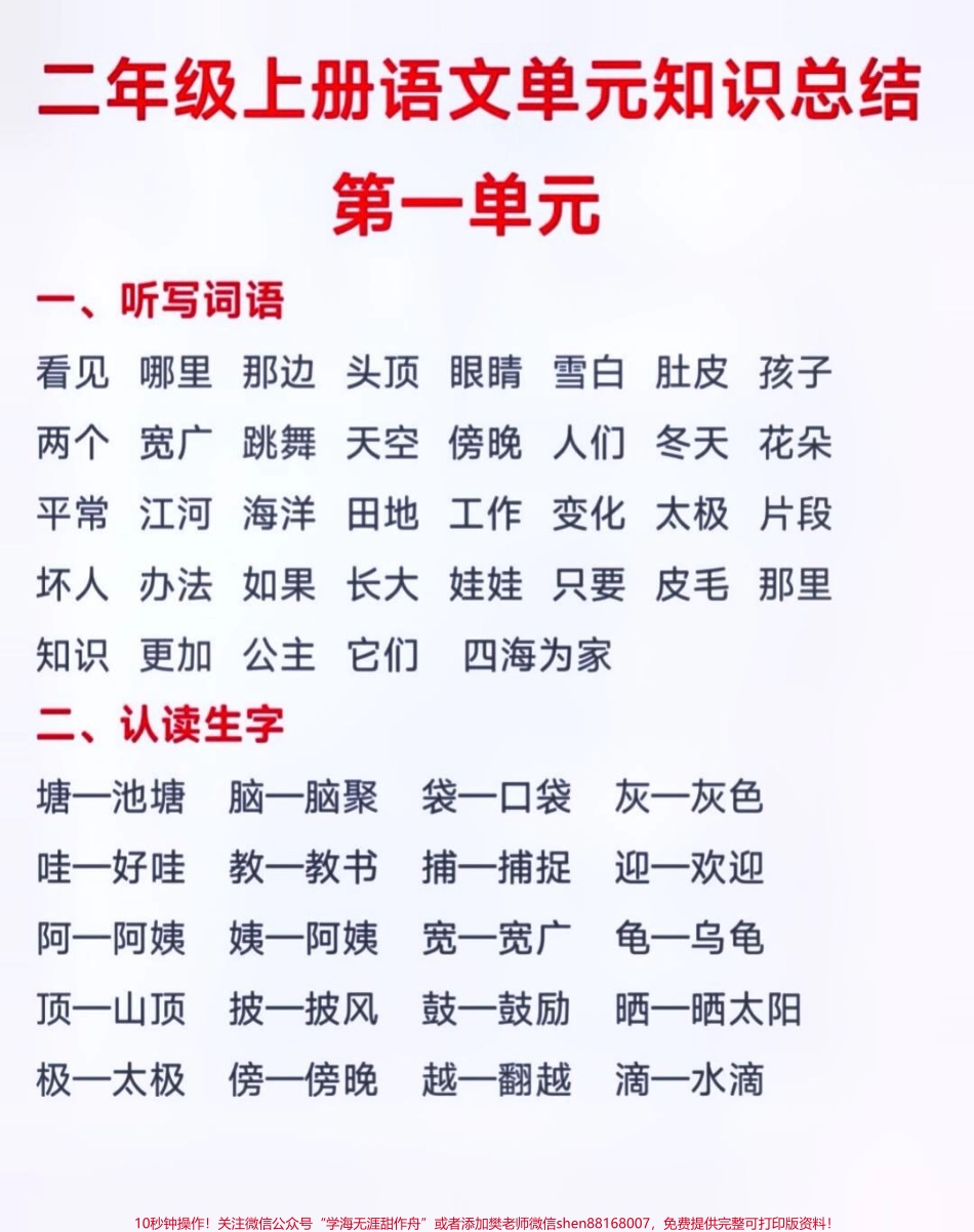 二年级上册语文第一单元基础知识点汇总#小学知识点归纳 #知识分享 #小学语文资料分享.pdf_第1页