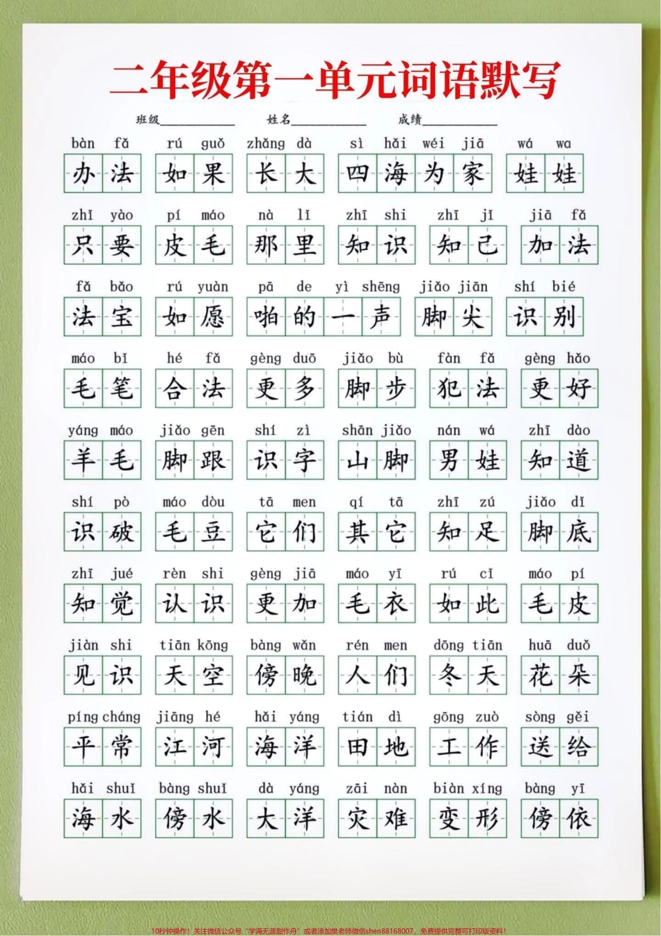 二年级上册语文1-8单元重点词语默写‼️二年级上册语文重点掌握字词默写看拼音写词语1-8单元全部整理好了让孩子多练一练‼️#二年级上册语文 #一升二 #二年级语文上册 #词语默写 #看拼音写词语 @DOU+小助手.pdf_第1页