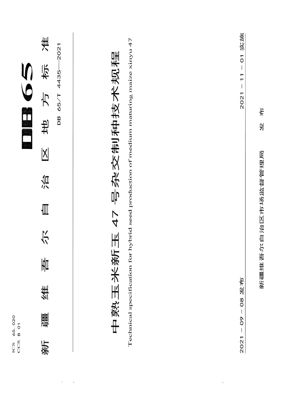 DB65T 4435-2021中熟玉米新玉47号杂交制种技术规程.pdf_第1页