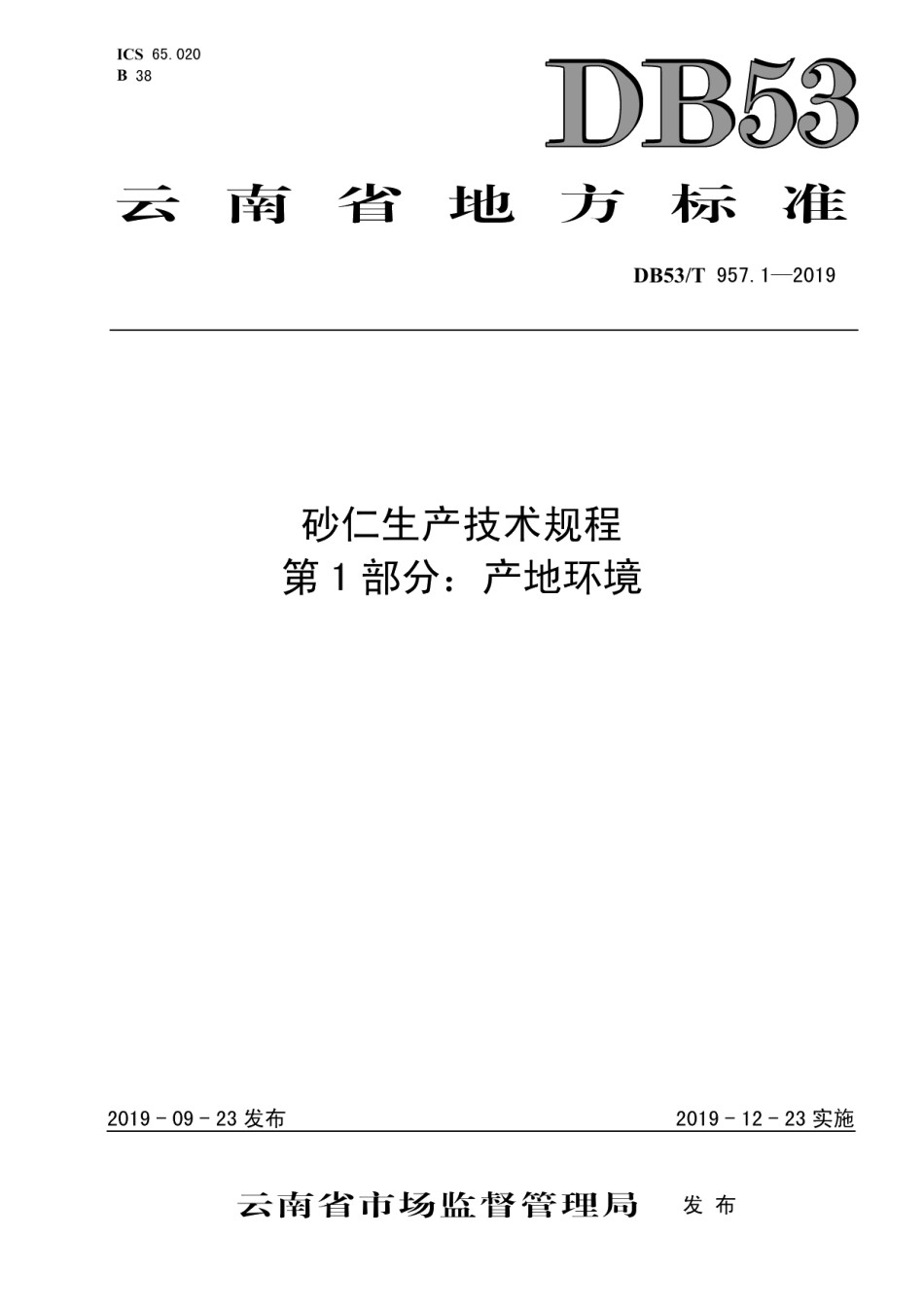 DB53T 957.1-2019砂仁生产技术规程第1部分：产地环境.pdf_第1页