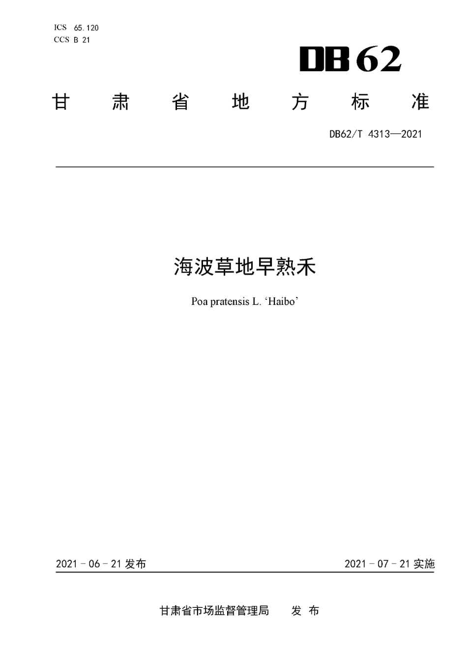 DB62T 4313-2021海波草地早熟禾.pdf_第1页