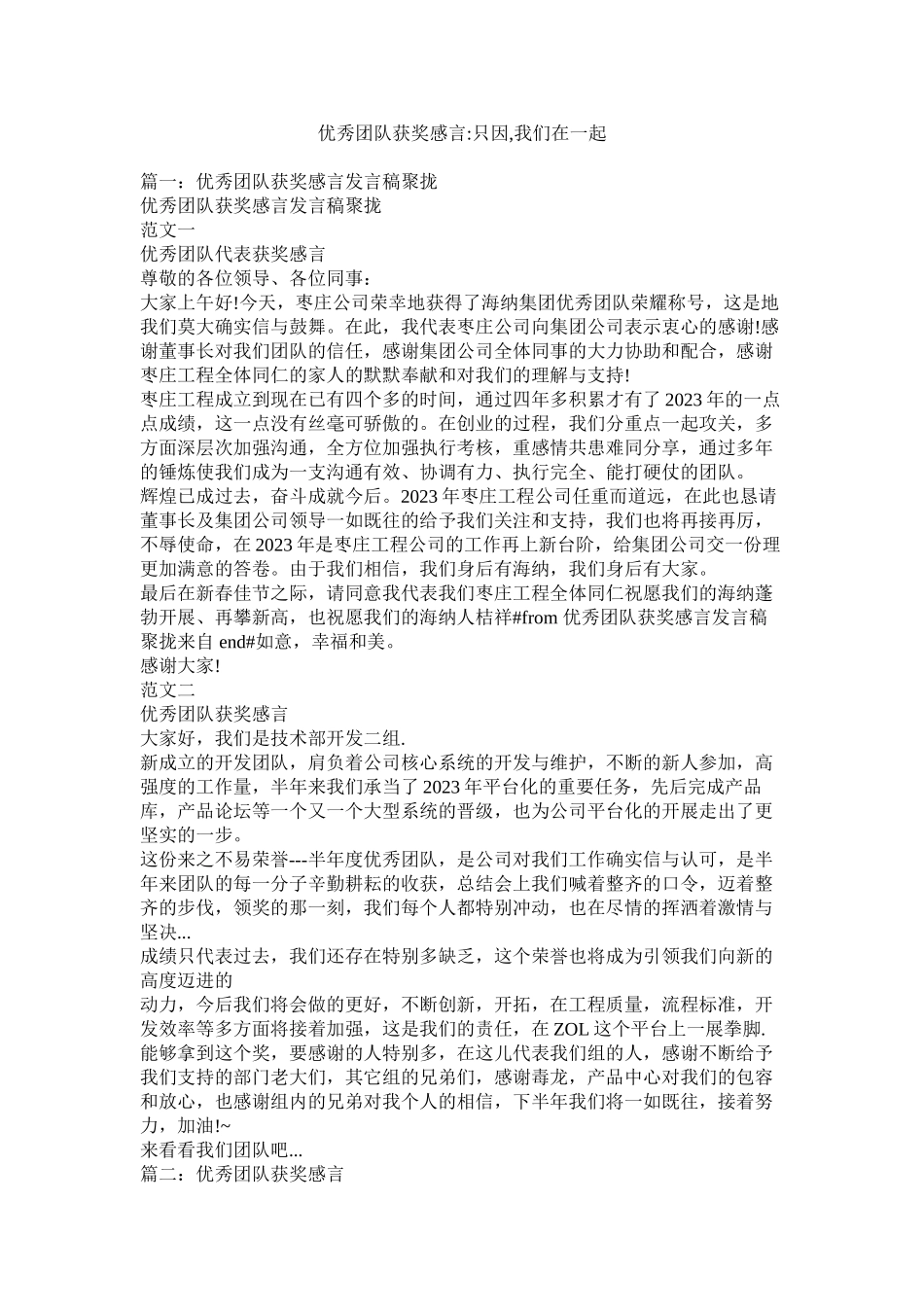 2023年优秀团队获奖感言只因我们在一起.docx_第1页