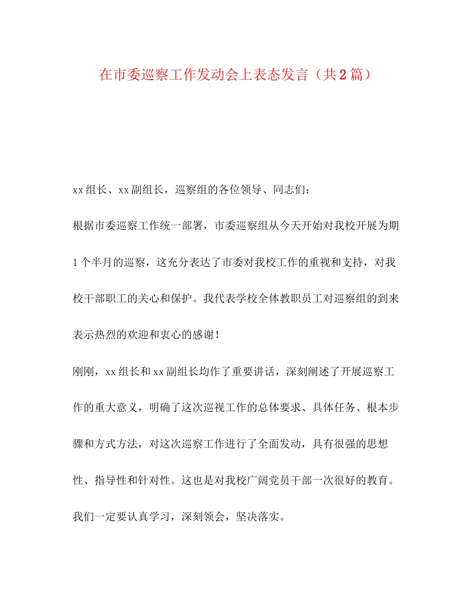 2023年在市委巡察工作动员会上表态发言（共2篇）.docx_第1页