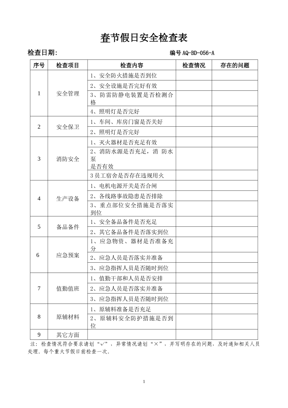 节假日安全检查表.docx_第1页