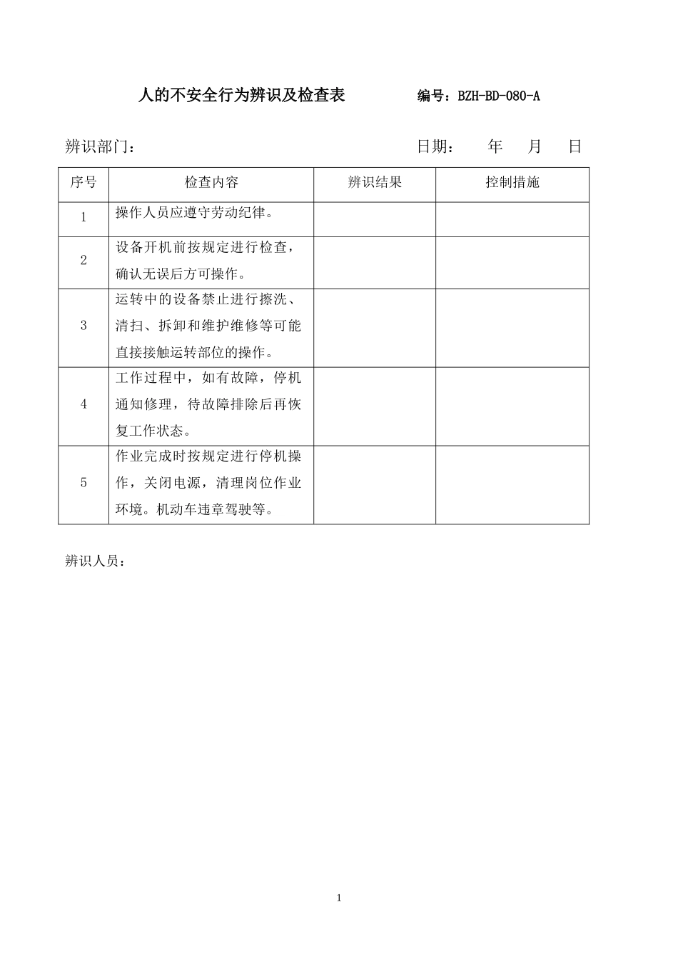 人的不安全行为辨识及检查表.docx_第1页