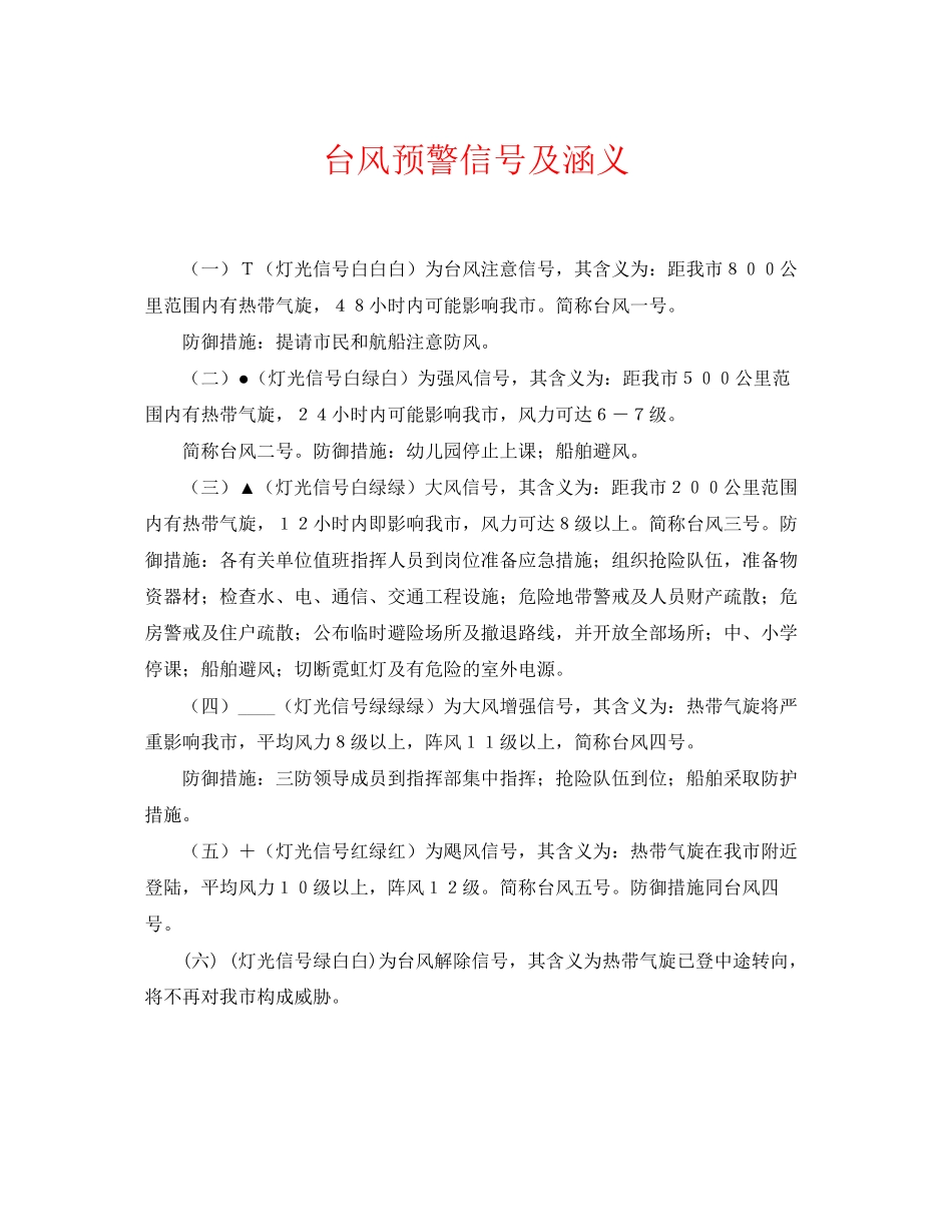 2023年《安全常识灾害防范》之台风预警信号及涵义.docx_第1页