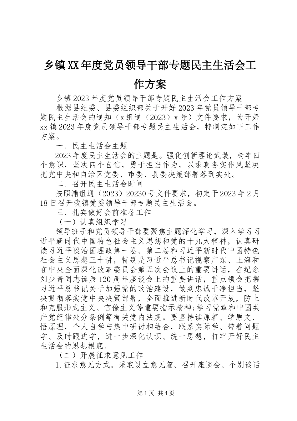 2023年乡镇度党员领导干部专题民主生活会工作方案.docx_第1页