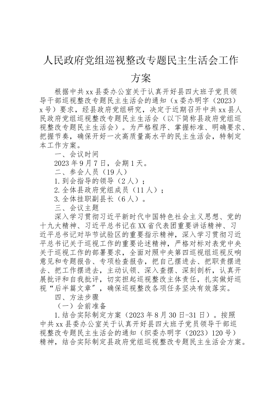 2023年人民政府党组巡视整改专题民主生活会工作方案.doc_第1页