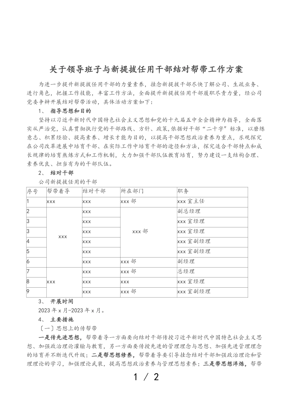 2023年关于领导班子与新提拔任用干部结对帮带工作方案.doc_第1页