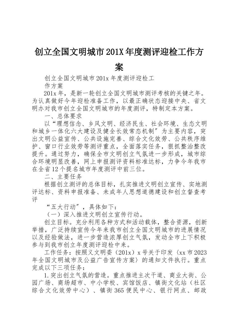 2023年创建全国文明城市201X年度测评迎检工作方案.docx_第1页