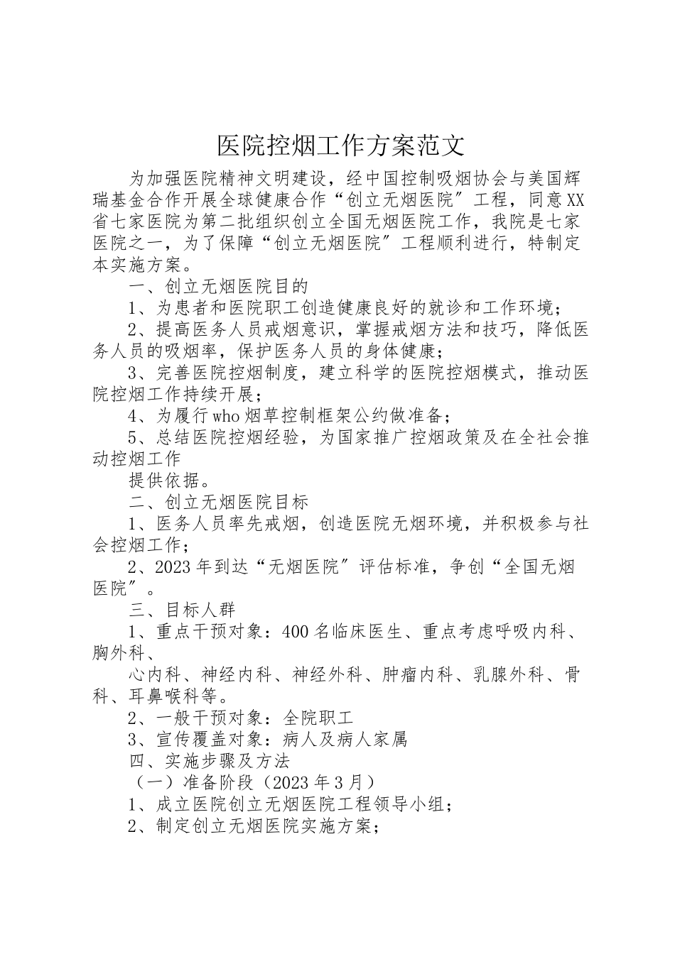 2023年医院控烟工作方案范文 2.doc_第1页