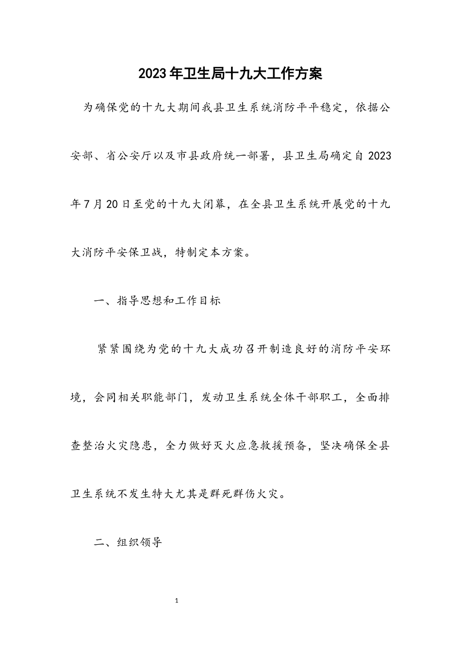 2023年卫生局十九大工作方案.docx_第1页