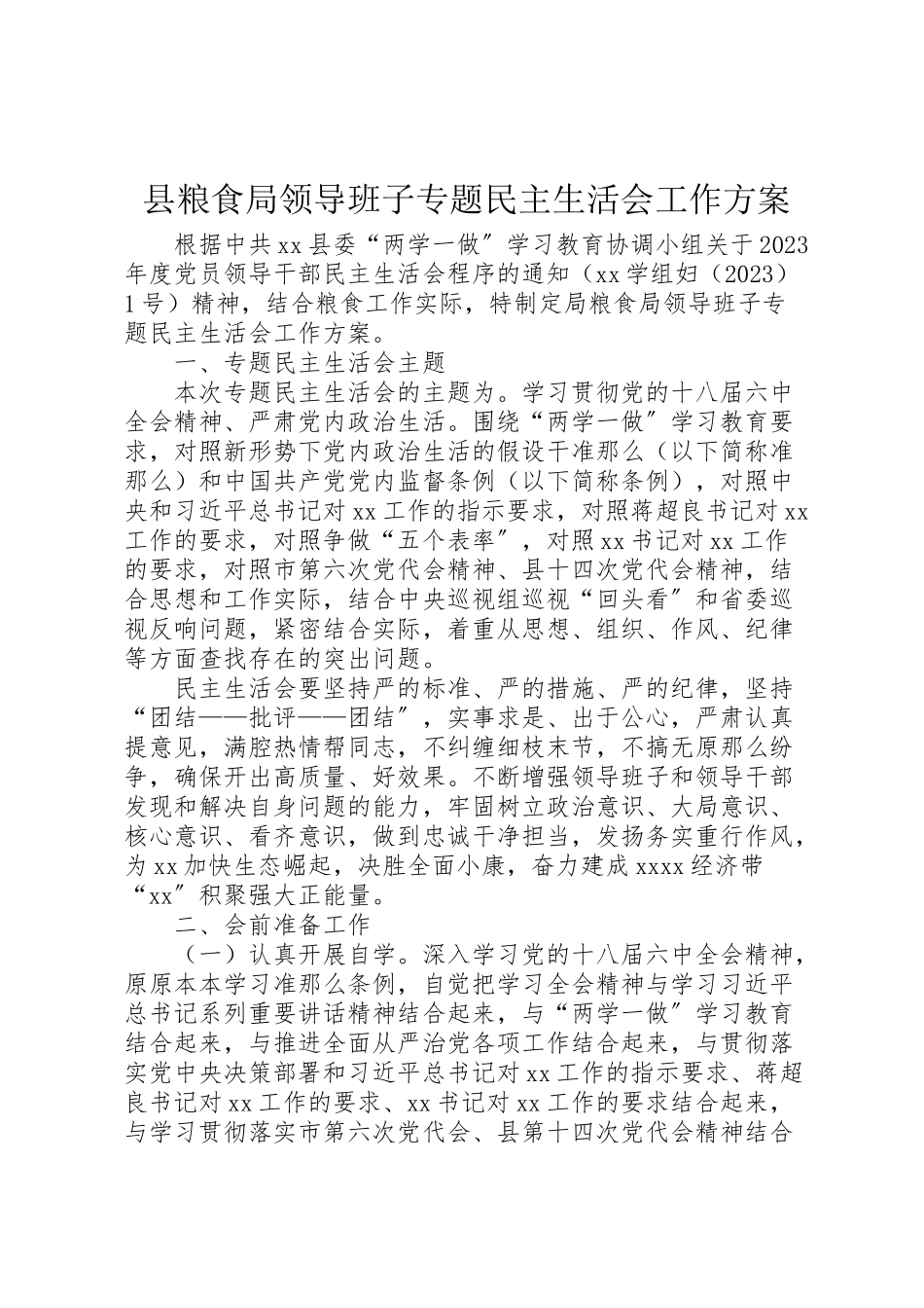 2023年县粮食局领导班子专题民主生活会工作方案.doc_第1页
