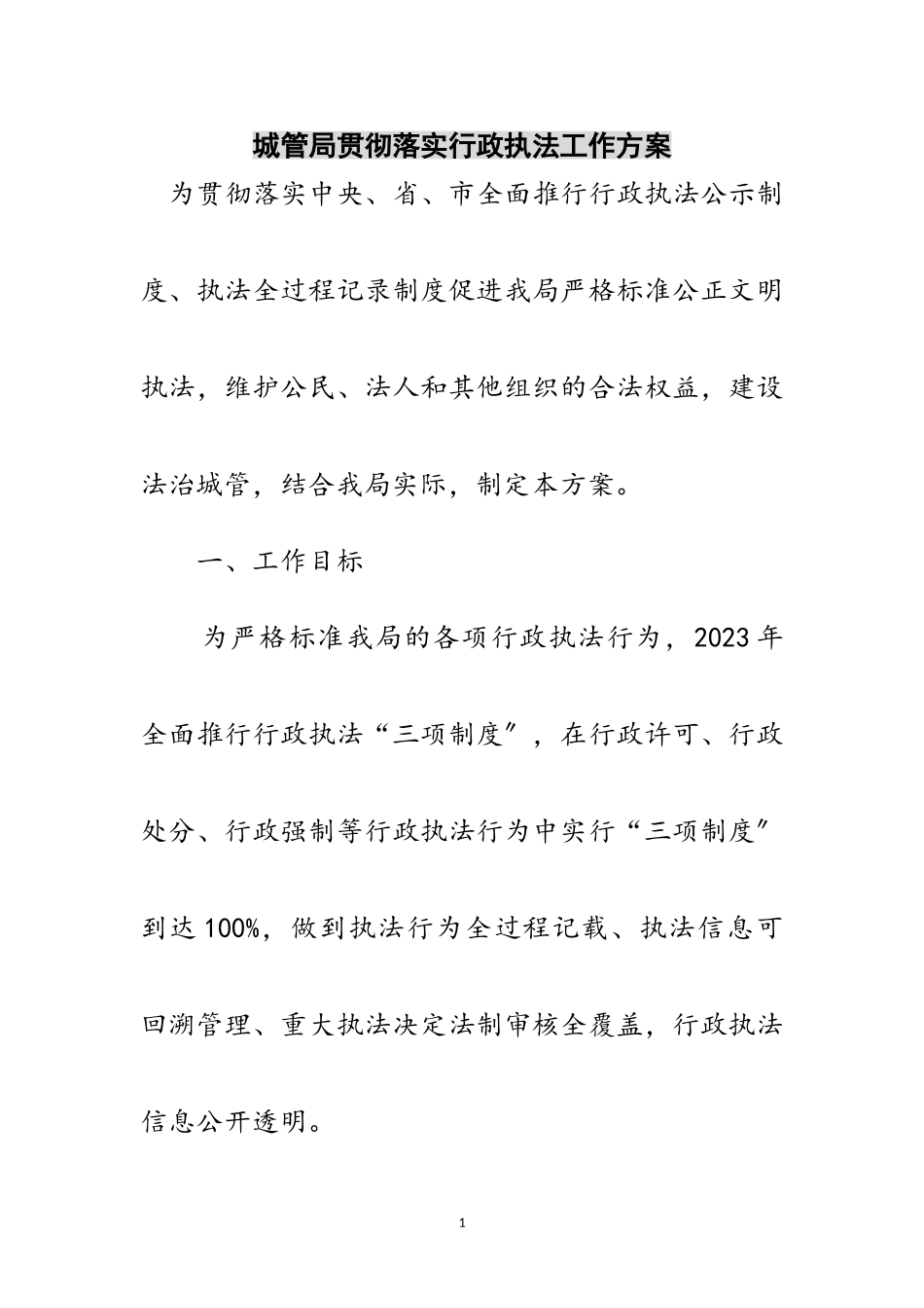2023年城管局贯彻落实行政执法工作方案范文.doc_第1页