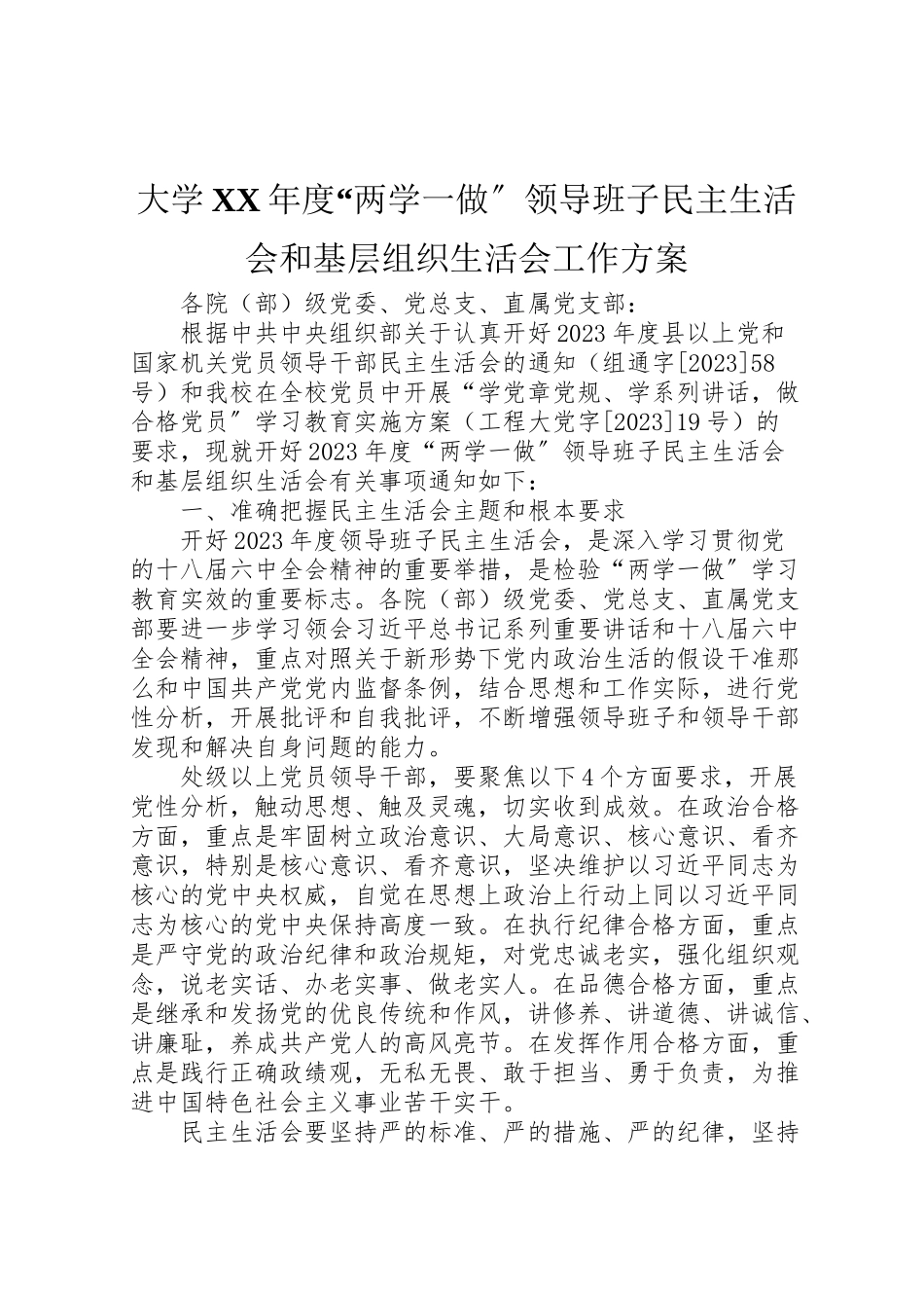 2023年大学年度两学一做领导班子民主生活会和基层组织生活会工作方案.doc_第1页