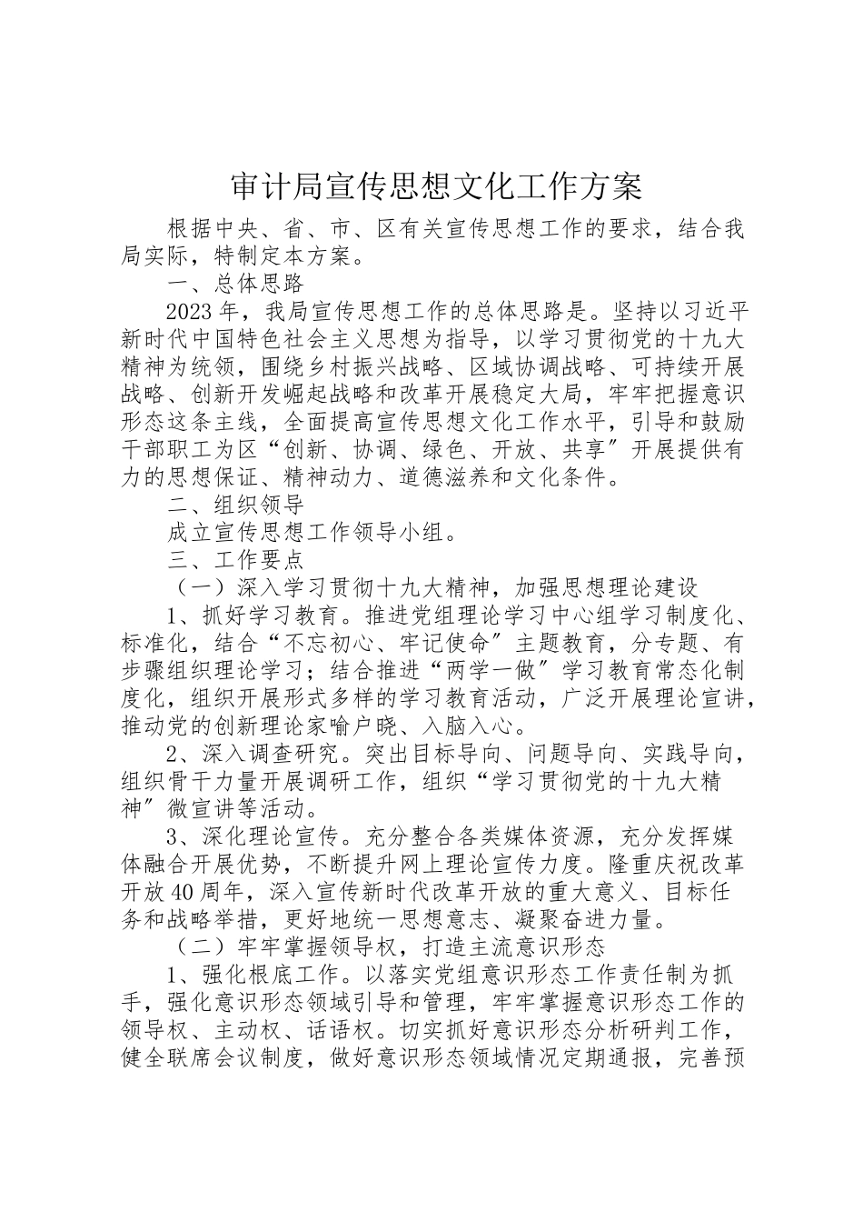 2023年审计局宣传思想文化工作方案.doc_第1页