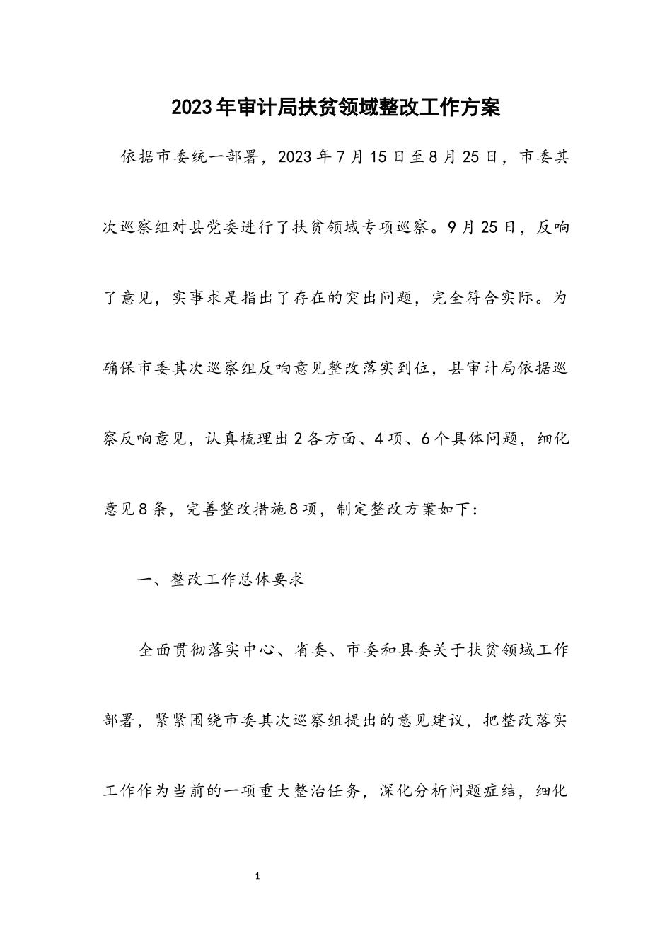 2023年审计局扶贫领域整改工作方案.docx_第1页