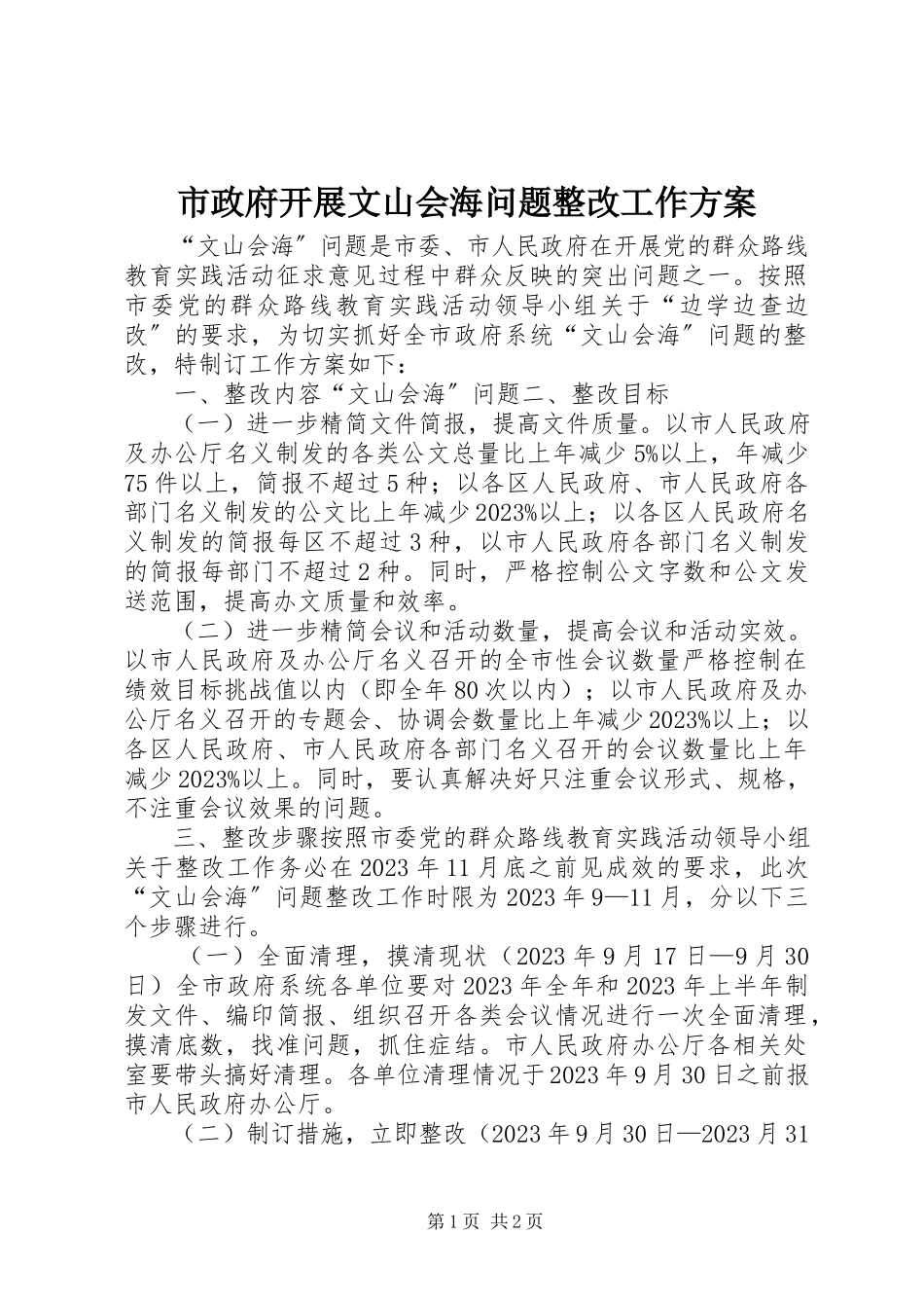 2023年市政府开展文山会海问题整改工作方案.docx_第1页