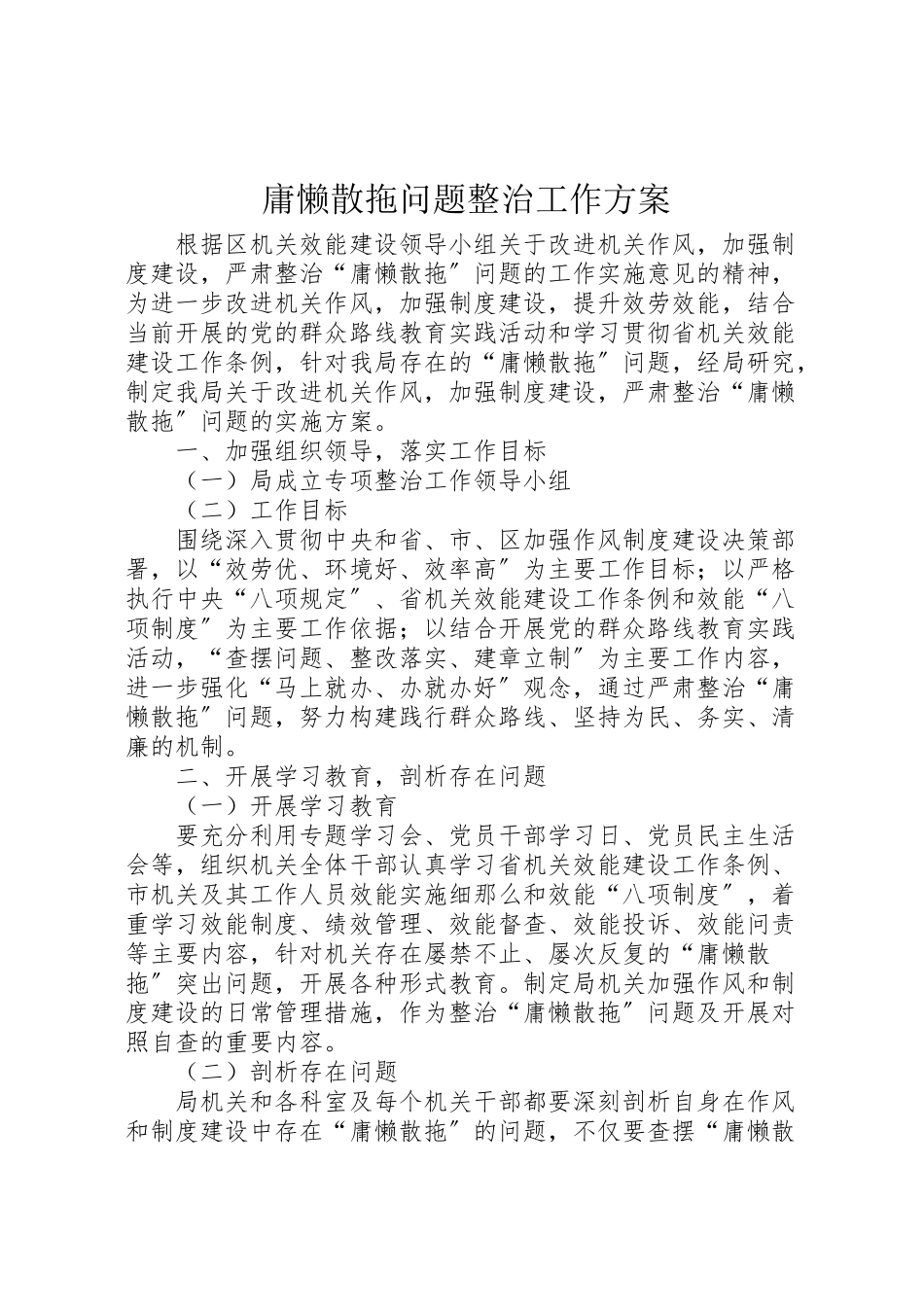 2023年庸懒散拖问题整治工作方案.doc_第1页