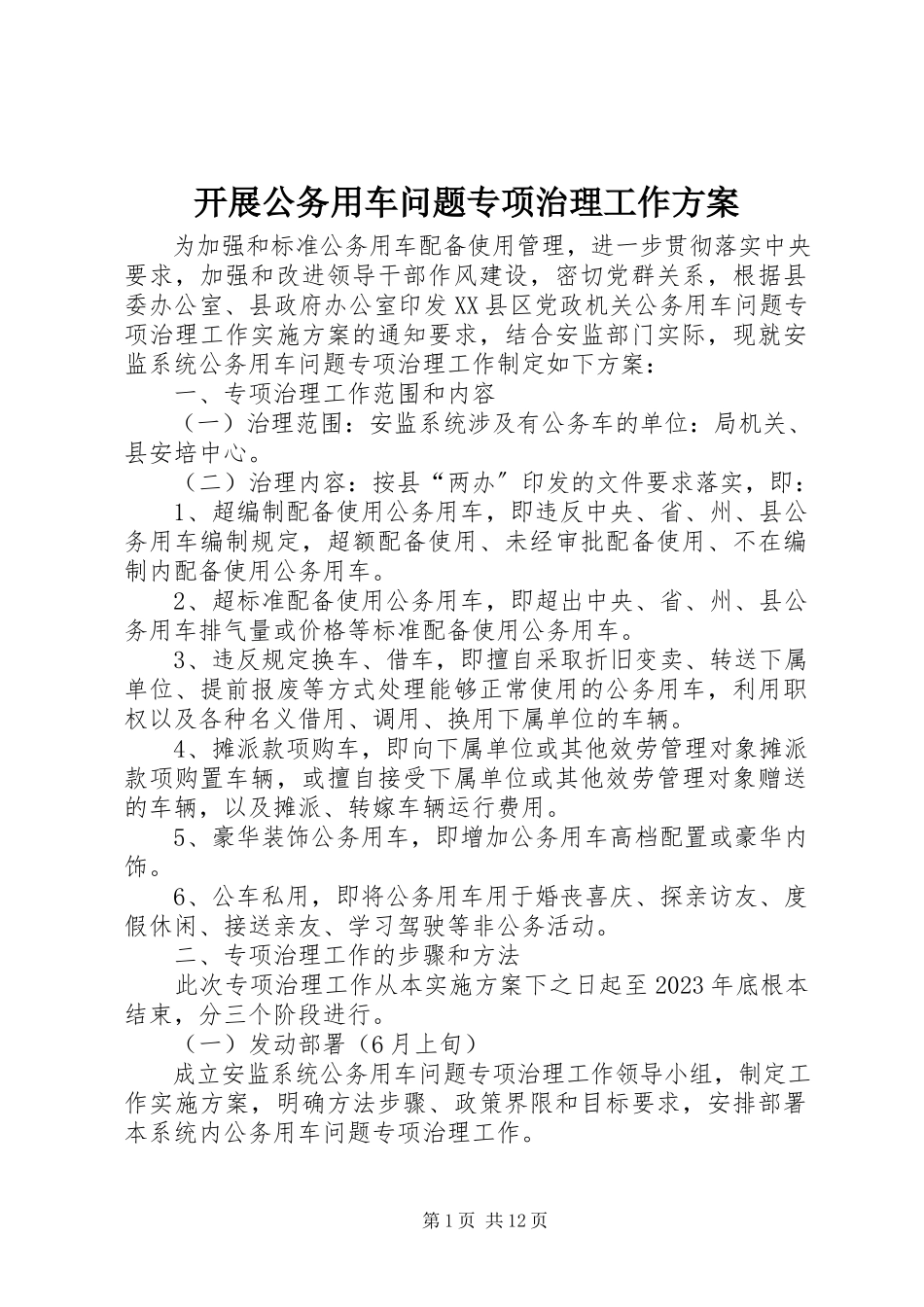 2023年开展公务用车问题专项治理工作方案.docx_第1页