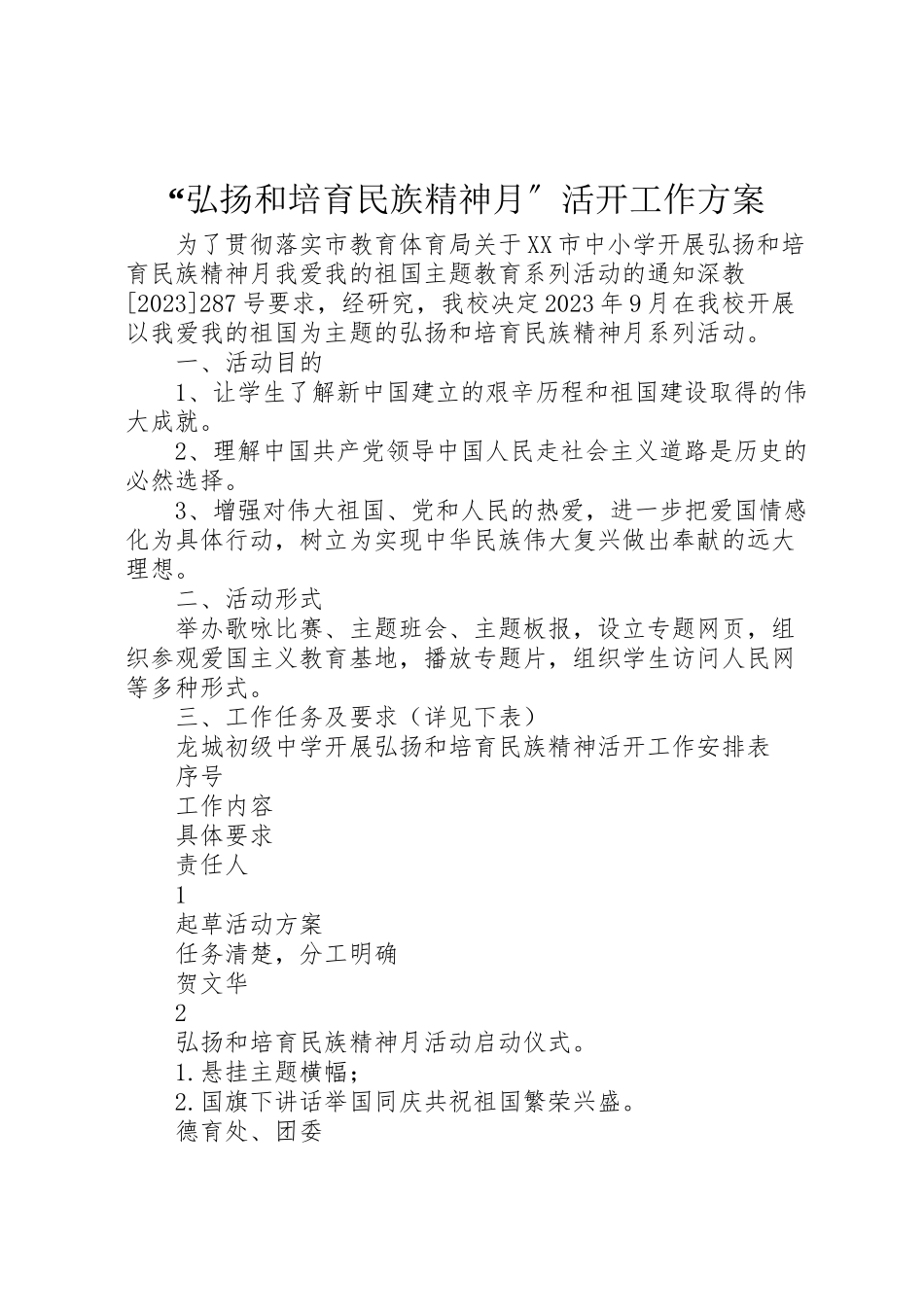 2023年弘扬和培育民族精神月活动工作方案.doc_第1页