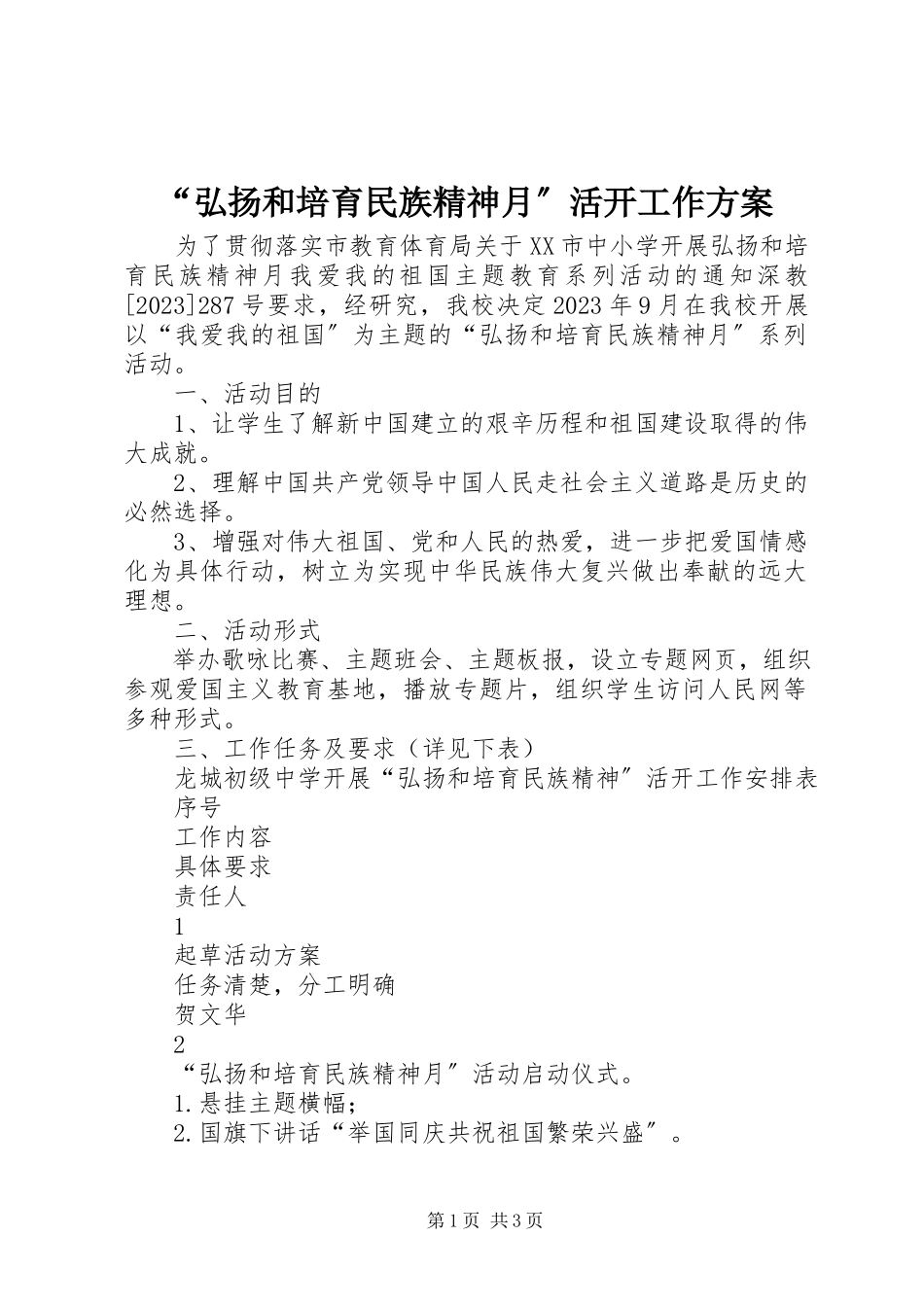 2023年弘扬和培育民族精神月活动工作方案.docx_第1页