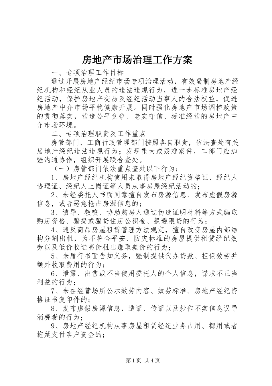 2023年房地产市场治理工作方案.docx_第1页