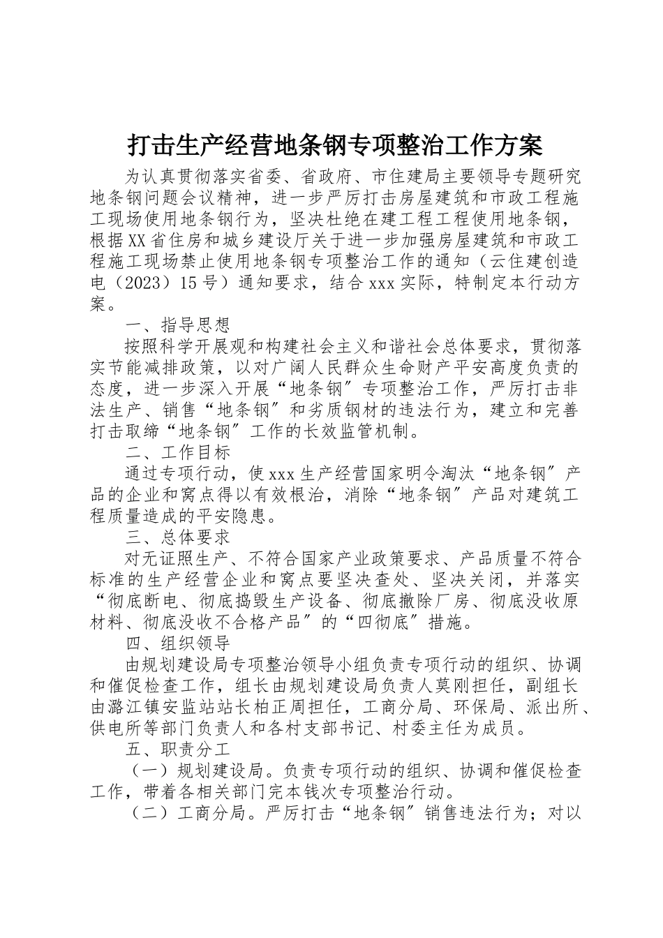 2023年打击生产经营地条钢专项整治工作方案新编.docx_第1页